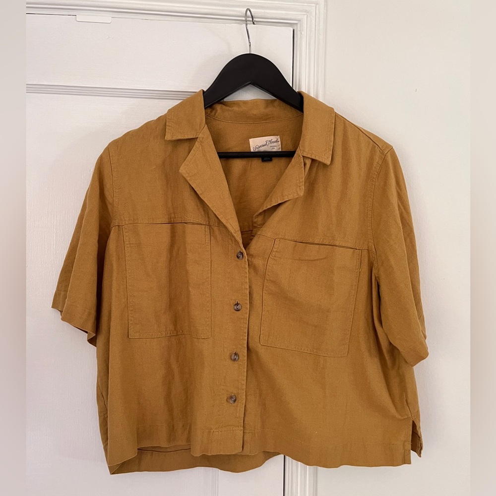 Universal Thread Tan Short Sleeve Button-Down Linen Blend Shirt Size M